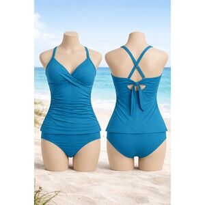 Teal Ruched Full Coverage Tankini Built In Bra w/High Waisted Bottoms XL NEW